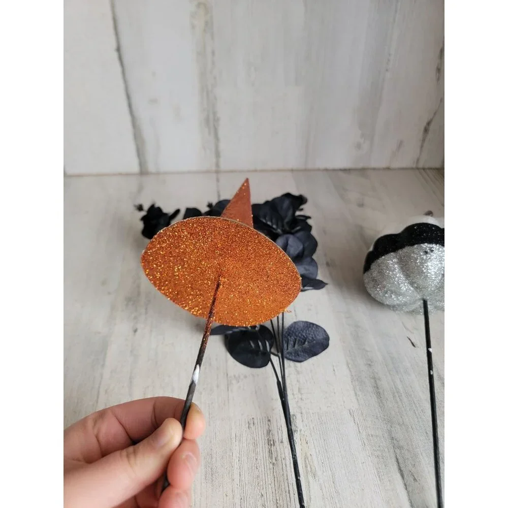 Halloween‎ flower pick witch hat flower Pumpkin set glitter